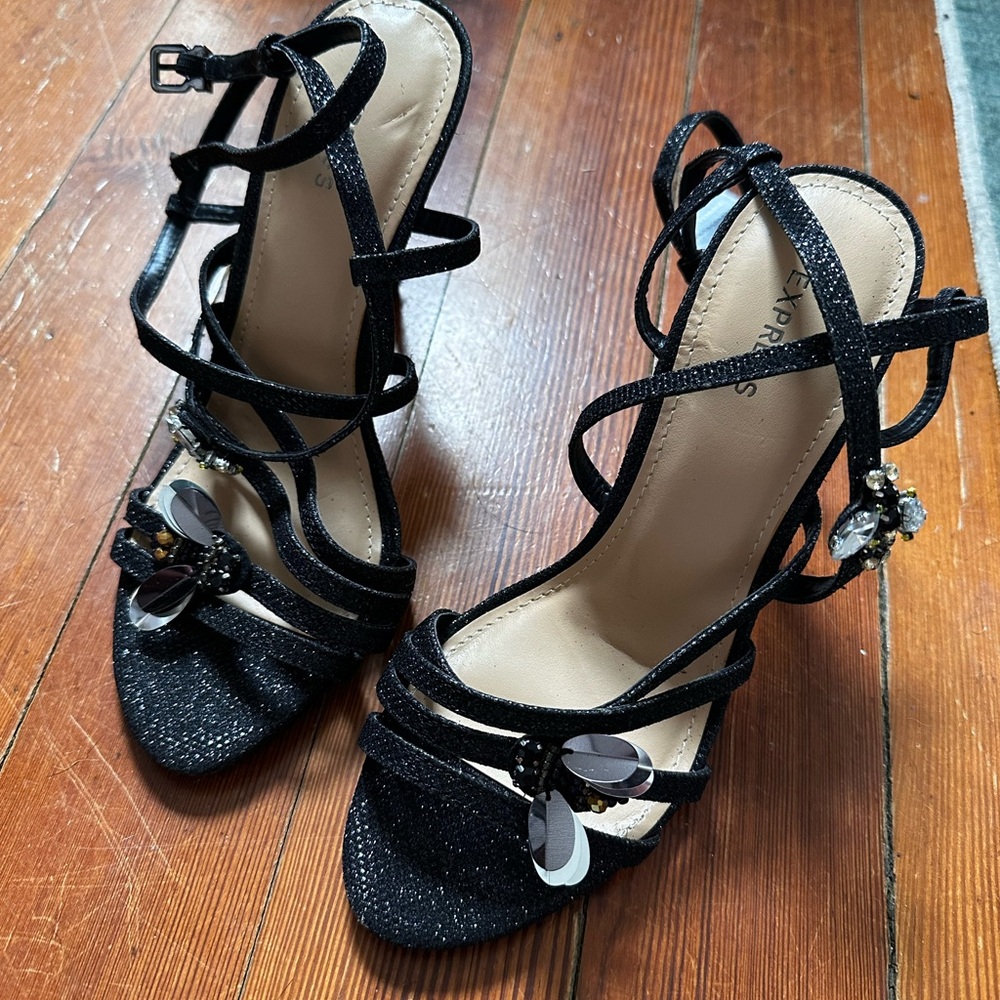 NWT Express Black Glitter Strappy High-Heel Sandals with Floral Jewel Accent